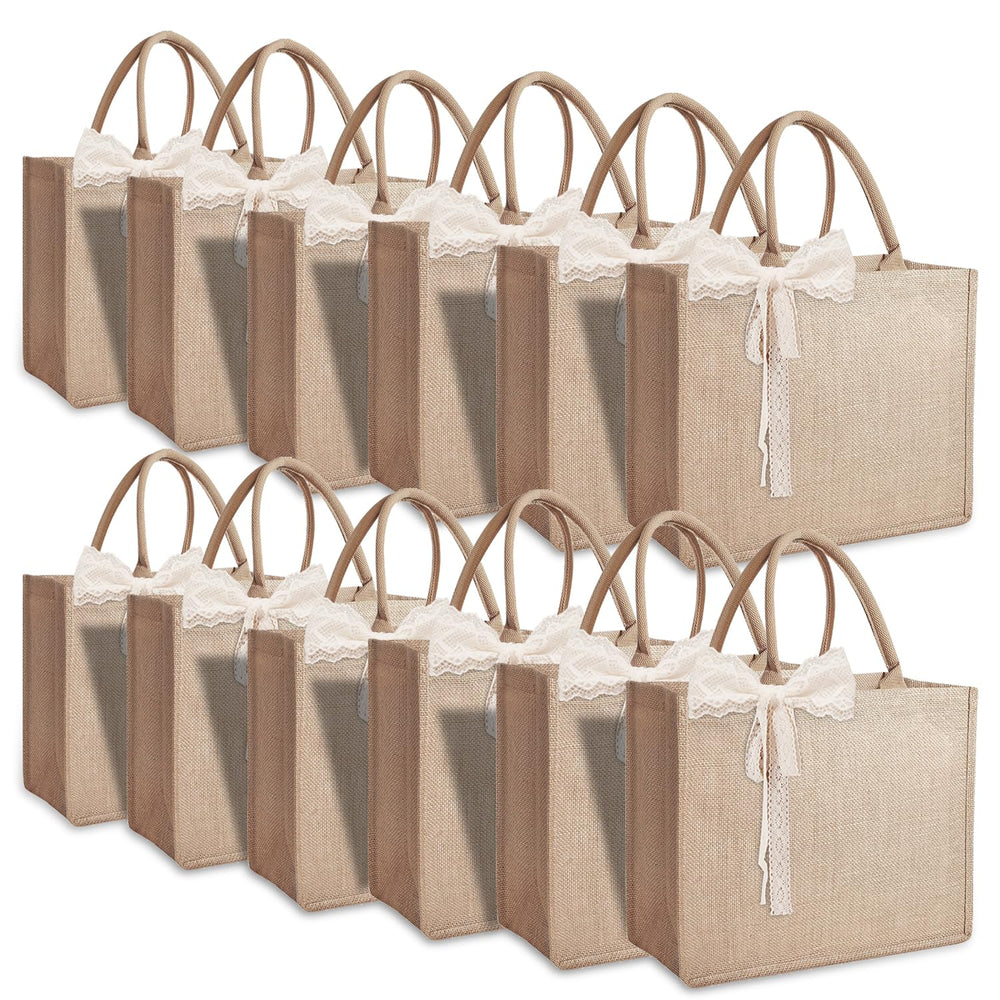 Small 6pcs Burlap Tote Bag Set with Handles, 11*9.45*3.94 Inch Waterproof Reusable Blank Grocery Bags with Ribbon Large Jute Tote for Women Bridesmaid Gift Beach Shopping Wedding Travel DIY