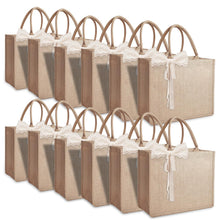 Small 6pcs Burlap Tote Bag Set with Handles, 11*9.45*3.94 Inch Waterproof Reusable Blank Grocery Bags with Ribbon Large Jute Tote for Women Bridesmaid Gift Beach Shopping Wedding Travel DIY