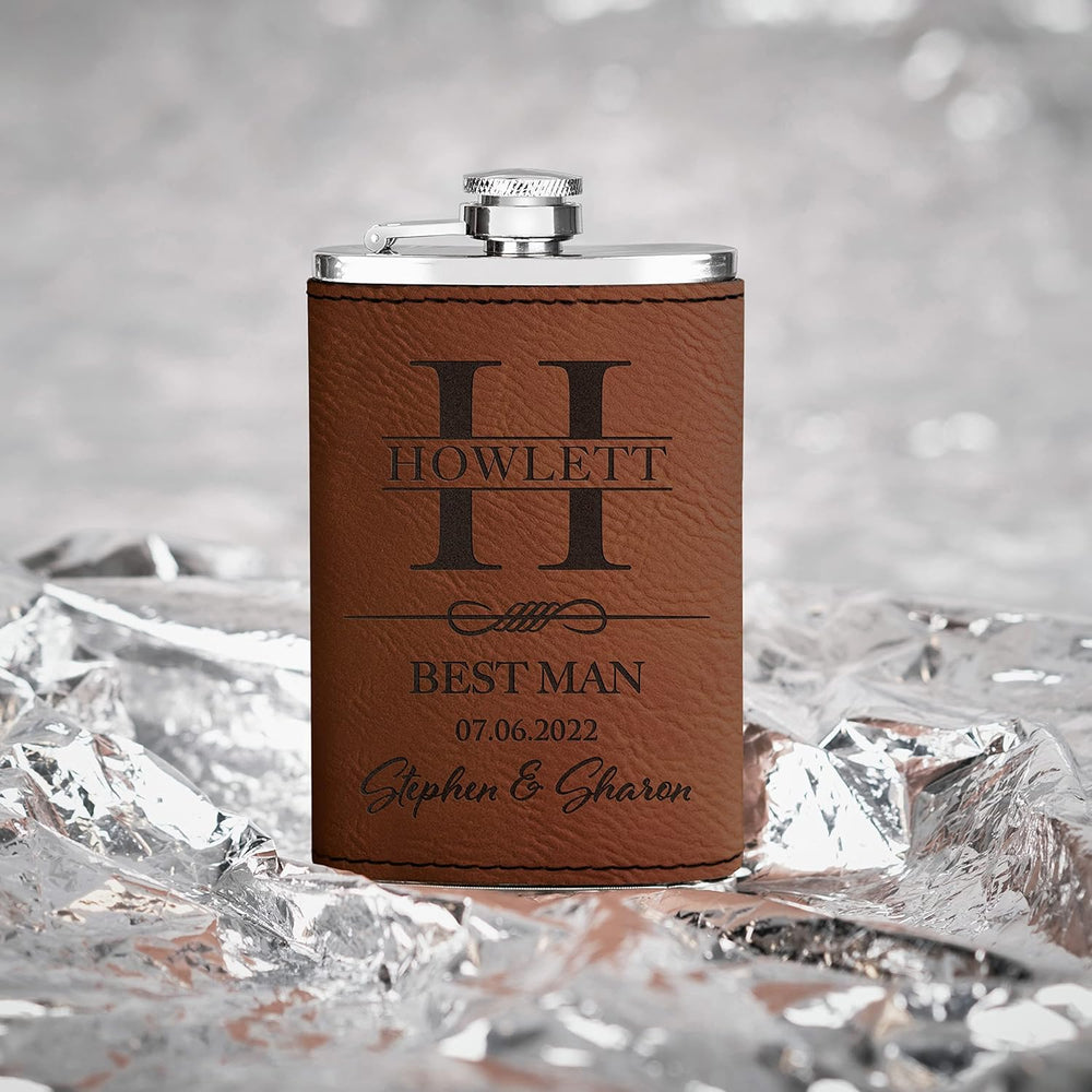 Personalized Hip Flasks Set of 6 - Engraved Leatherette 6 Oz, Best Man & Groomsmen Proposal Gifts, Wedding Party Favors - Chestnut #4