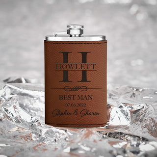 Personalized Hip Flasks Set of 6 - Engraved Leatherette 6 Oz, Best Man & Groomsmen Proposal Gifts, Wedding Party Favors - Chestnut #4