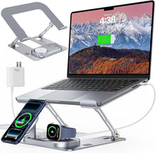 Meifigno Laptop Stand with Wireless Charging Station Base, Foldable Aluminum MacBook Holder with MagSafe Charger for iPhone/iWatch/AirPods, 30W USB-C Wired Charging for Laptop/iPad, with 65W Adapter