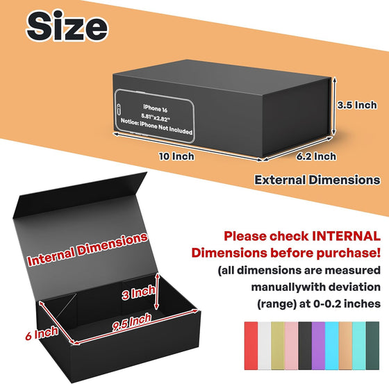 RYDDOY Black Gift Box, 9.5x6x3'' Gift boxes for Presents with Lids Magnetic Closure Rectangle Collapsible for Groomsman Proposal Box, Wedding, Christmas, Halloween, Birthday Gift Packging - hover image