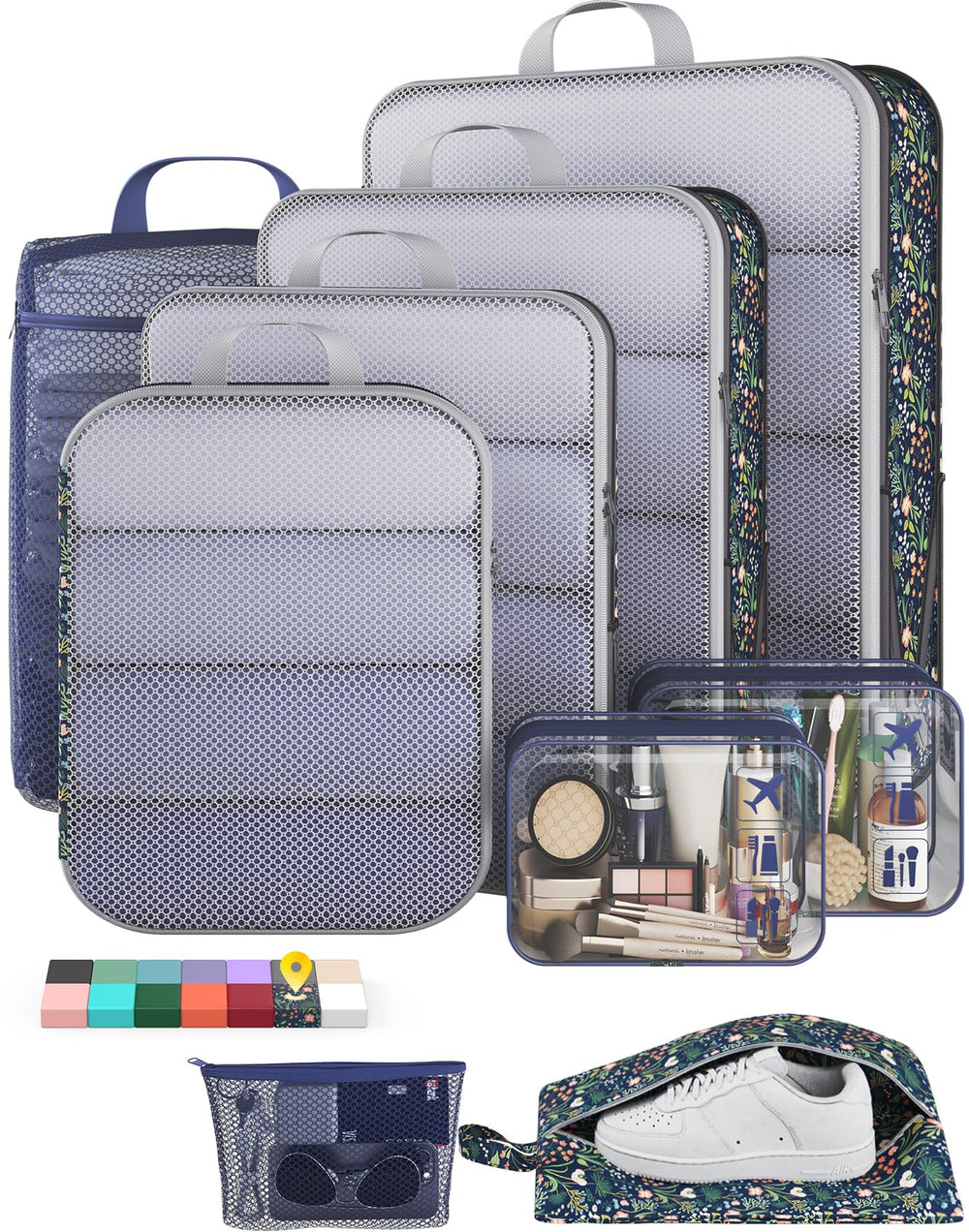 Veken 11-Pack Compression Packing Cubes for Travel Essentials,Compressible Expandable Large Luggage Suitcase Organizer Bags for Clothing,Durable Space Saver Bags with Toiletry Bags(Dark Green)