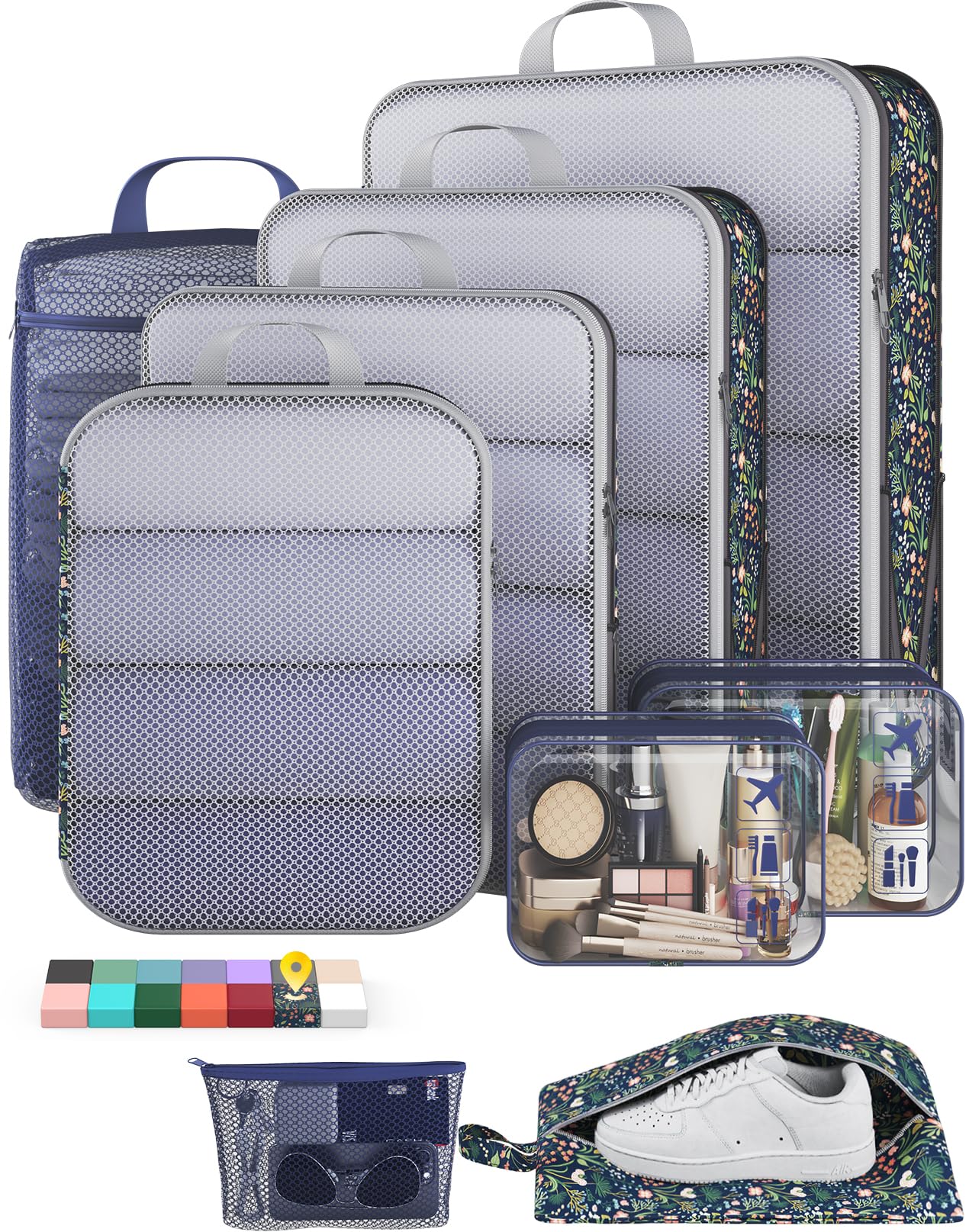 Veken 11-Pack Compression Packing Cubes for Travel Essentials,Compressible Expandable Large Luggage Suitcase Organizer Bags for Clothing,Durable Space Saver Bags with Toiletry Bags(Dark Green)