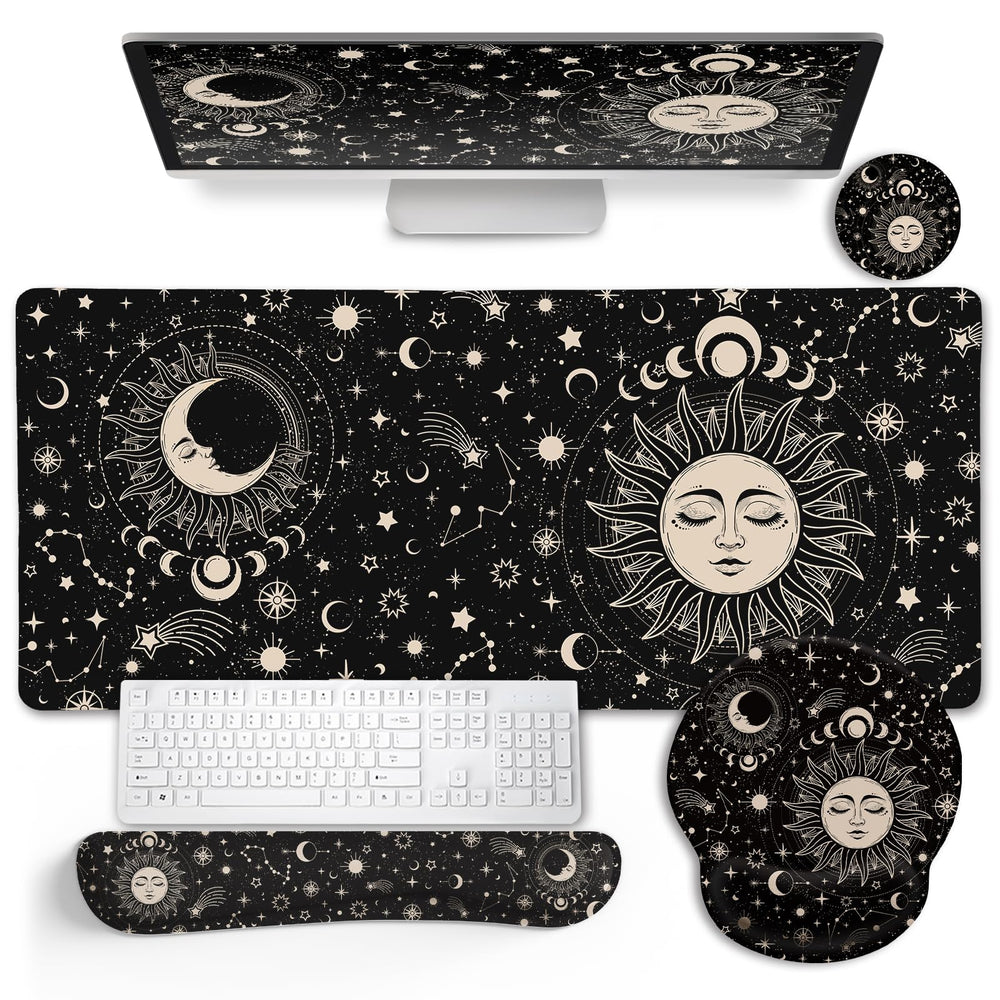 LIMKRIAN Desk Mat Set, Large Gaming Mouse Pad with Wrist Rest, Ergonomic Mouse Pad Keyboard Mat Wrist Support, Cup Coaster, Home Office Desk Accessories Decor Supplies, Funny Black Cat