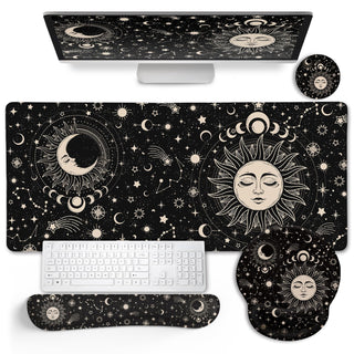 LIMKRIAN Desk Mat Set, Large Gaming Mouse Pad with Wrist Rest, Ergonomic Mouse Pad Keyboard Mat Wrist Support, Cup Coaster, Home Office Desk Accessories Decor Supplies, Funny Black Cat