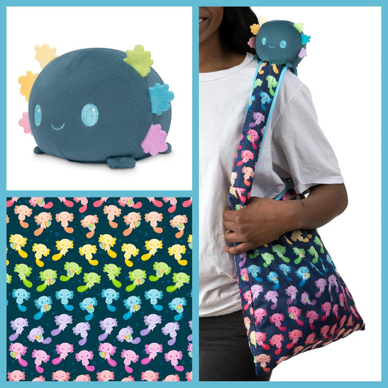 TeeTurtle - Plushie Tote Bag - Blue + Rainbow Axolotl - From the creators of the Original Reversible Octopus Plushie - Take Your Plush Pal Wherever You Go! - hover image