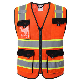 JKSafety Hi Vis Reflective Safety Vests for Men Women High Visibility Vest with Pockets Mesh Fabric Construction Safety Apparel Neon Vest for Work (220-Black L)