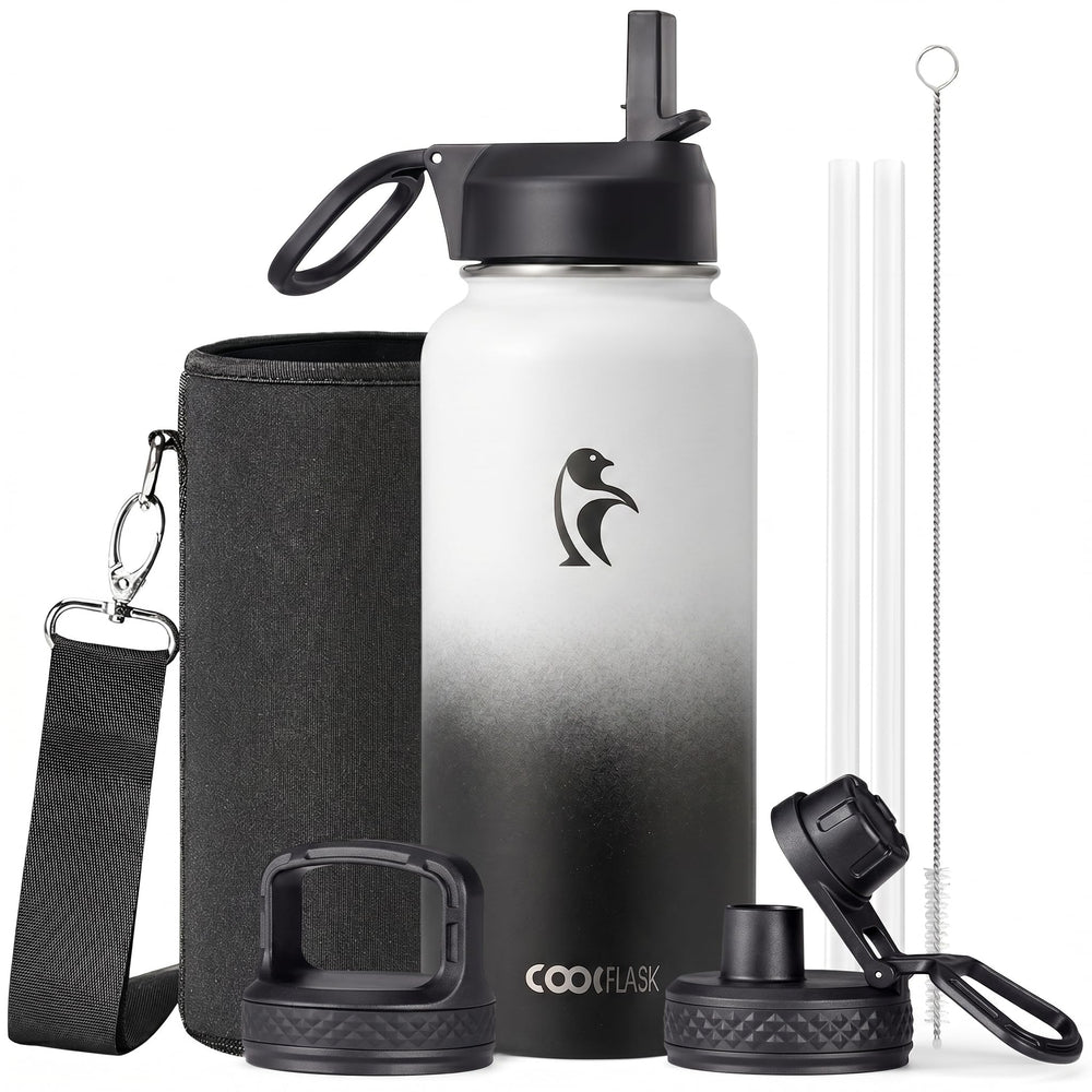 Water Bottle 40 oz Insulated with Straw&Brush, Coolflask Vaccum Stainless Steel Metal 3 Lids Water Flask for Sports, Gym or Office, Keep Cold 48H Hot 24H, Magic Black