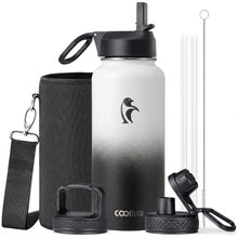 Water Bottle 40 oz Insulated with Straw&Brush, Coolflask Vaccum Stainless Steel Metal 3 Lids Water Flask for Sports, Gym or Office, Keep Cold 48H Hot 24H, Magic Black