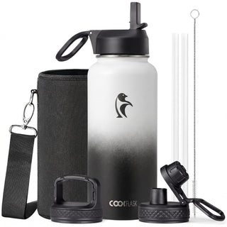 Water Bottle 40 oz Insulated with Straw&Brush, Coolflask Vaccum Stainless Steel Metal 3 Lids Water Flask for Sports, Gym or Office, Keep Cold 48H Hot 24H, Magic Black