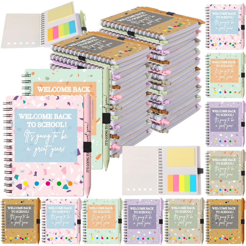 Dunzoom 40 Pcs Welcome Back to School Gifts Bulk Spiral Notebooks with Sticky Notes Motivational Pens First Day of School Notepads Party Favor for Teacher Student Classroom(Terrazzo Tones,Multicolor)