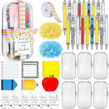 Landhoow 6 Sets/75 Pcs Backto School Teacher Gifts Bulk Set Clear Hard Case Zipper Pouch Pastel Ballpoint Pens & Sticky Notes Blue and Yellow Raffia Adorable Printed Pencil Ribbons with Thank You Card