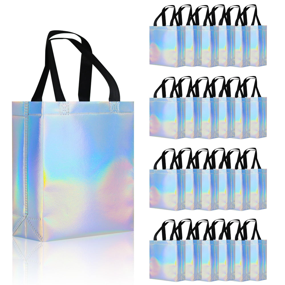 cabzymx 18 Pcs Glossy Iridescent Small Gift Bags Bulk, 8x3.9x9.8 In Non-woven Party Bags for Present with Sturdy Bases for Birthday, Wedding, Easter, Party, Holiday