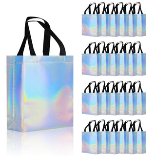 cabzymx 18 Pcs Glossy Iridescent Small Gift Bags Bulk, 8x3.9x9.8 In Non-woven Party Bags for Present with Sturdy Bases for Birthday, Wedding, Easter, Party, Holiday