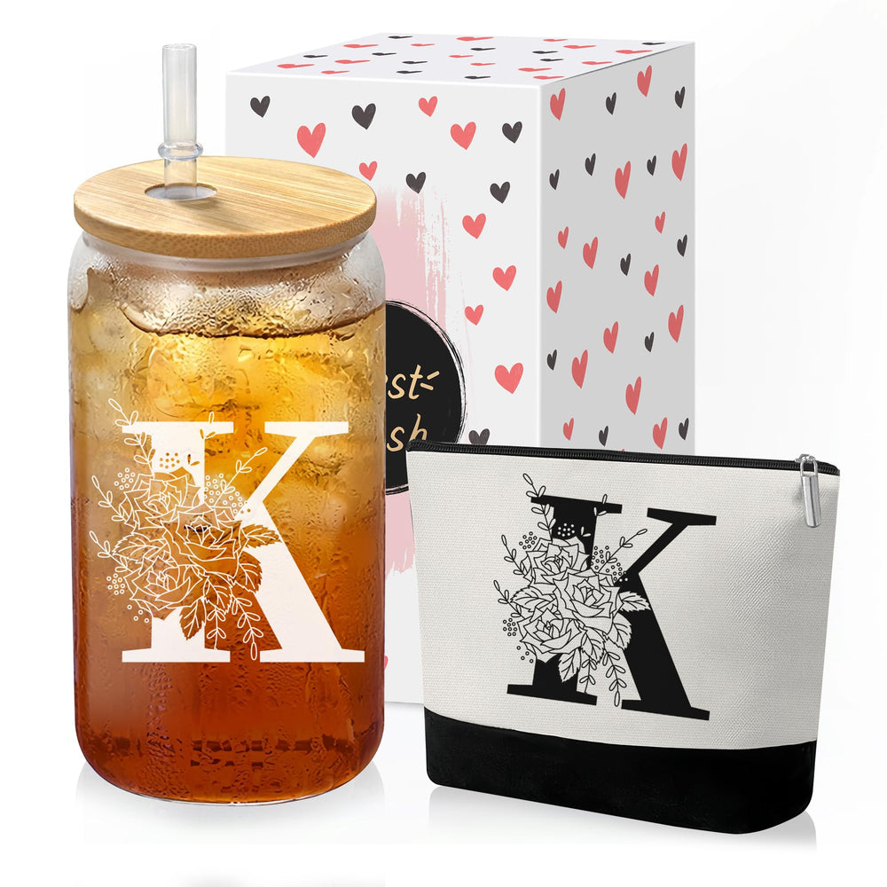 Custom Glass Cup & Makeup Bag Set - Personalized Gifts for Women, Initial 16 oz Glass Tumbler with Lid & Straw, Monogram Makeup Bag - Birthday Gifts For Women, Mother's Day Presents(S)