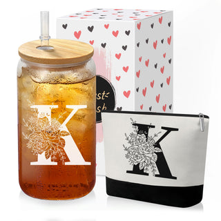 Custom Glass Cup & Makeup Bag Set - Personalized Gifts for Women, Initial 16 oz Glass Tumbler with Lid & Straw, Monogram Makeup Bag - Birthday Gifts For Women, Mother's Day Presents(S)