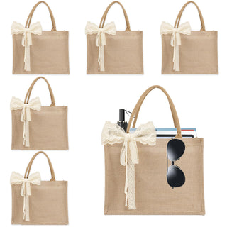 Small 6pcs Burlap Tote Bag Set with Handles, 11*9.45*3.94 Inch Waterproof Reusable Blank Grocery Bags with Ribbon Large Jute Tote for Women Bridesmaid Gift Beach Shopping Wedding Travel DIY