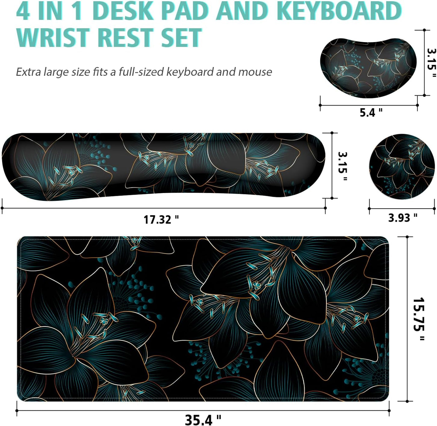 Keyboard Mouse Pad Set,Large Gaming Mouse Pad+Keyboard Wrist Rest+Wrist Rest+Coaster,Computer Desk pad Set Wrist Support for Office Desktop Laptop. (35.4" x 15.7") Extended Desk Mat (Floral)