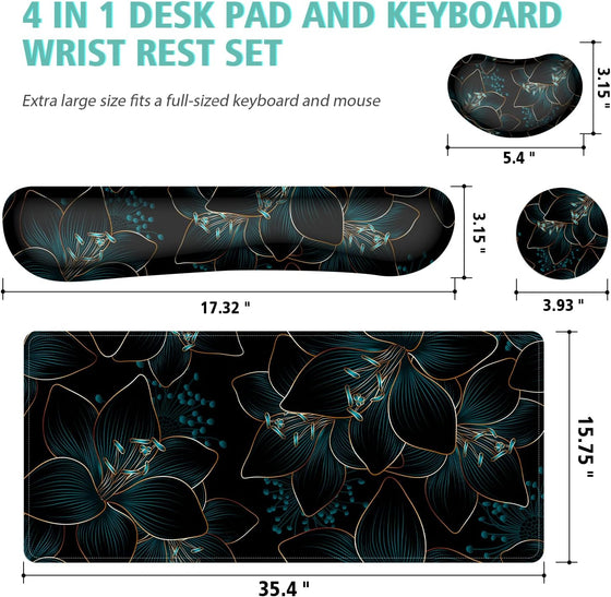 Keyboard Mouse Pad Set,Large Gaming Mouse Pad+Keyboard Wrist Rest+Wrist Rest+Coaster,Computer Desk pad Set Wrist Support for Office Desktop Laptop. (35.4" x 15.7") Extended Desk Mat (Floral) - hover image