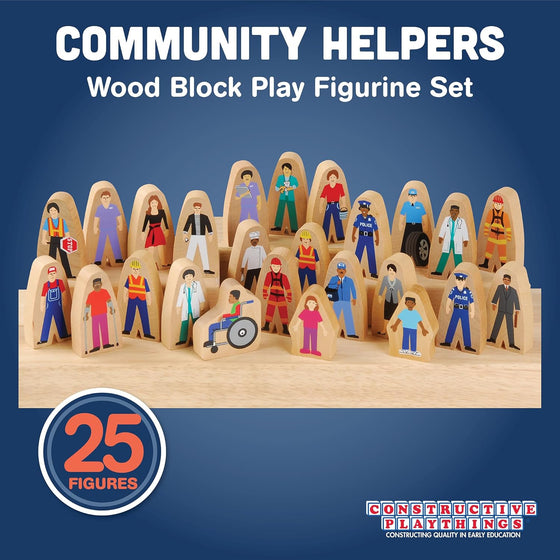 Constructive Playthings Wooden Community Helpers 25-Piece Wood Block Play Figurine Set, Freestanding Inclusive and Diverse Wood Toy Figures for Kids Ages 3+ - hover image
