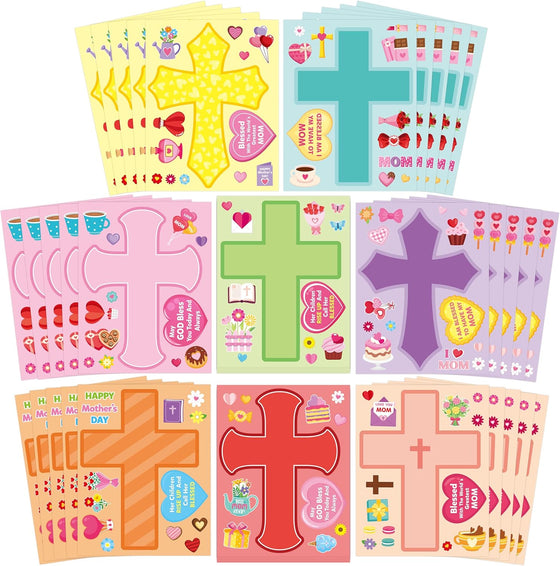 CY2SIDE Mothers Cross Stickers Sheet - 40PCS Make A Best Mom Cross Face Sticker with Heart Flower for Kid, DIY Religious Gift Craft Sticker Game Party Favor for Christian Sunday School Home Project