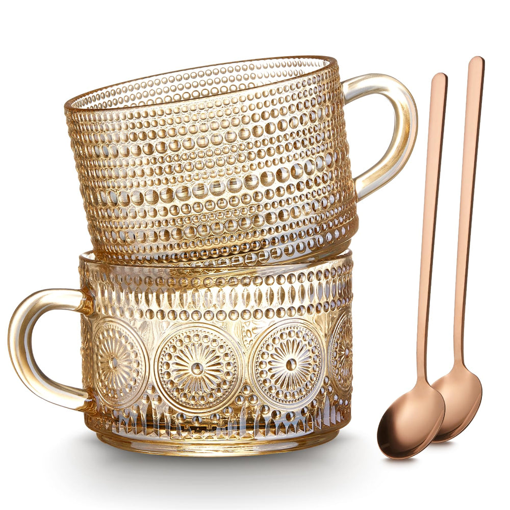 Mfacoy Vintage Coffee Mugs Set of 2, 14 oz Embossed Glass Cups with Handle, Clear Cups for Cappuccino, Latte, Cereal, Yogurt, Milk, Hot or Cold Beverages