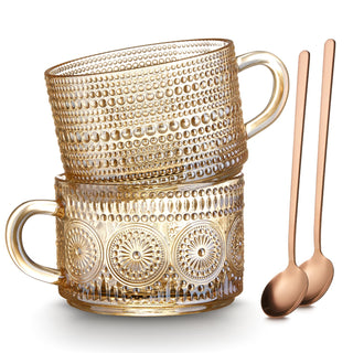Mfacoy Vintage Coffee Mugs Set of 2, 14 oz Embossed Glass Cups with Handle, Clear Cups for Cappuccino, Latte, Cereal, Yogurt, Milk, Hot or Cold Beverages