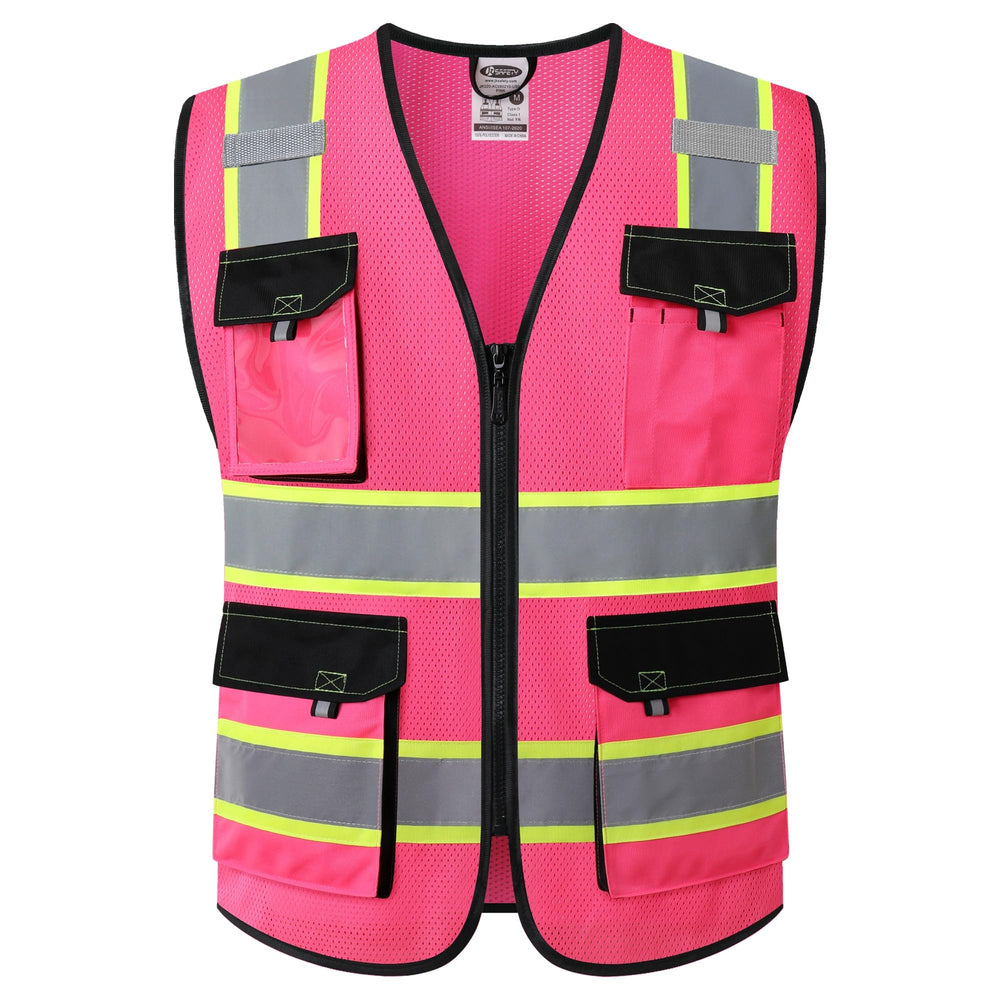 JKSafety Hi Vis Reflective Safety Vests for Men Women High Visibility Vest with Pockets Mesh Fabric Construction Safety Apparel Neon Vest for Work (220-Black L)
