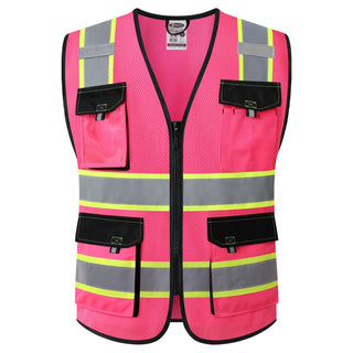JKSafety Hi Vis Reflective Safety Vests for Men Women High Visibility Vest with Pockets Mesh Fabric Construction Safety Apparel Neon Vest for Work (220-Black L)