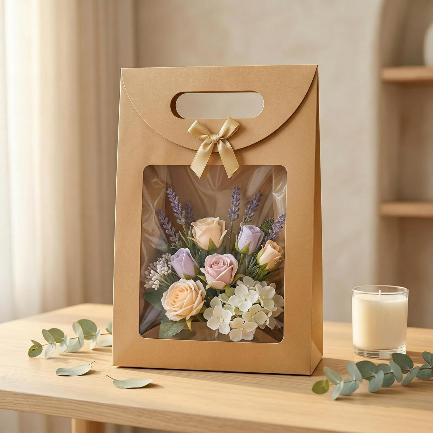 20pcs Elegant Kraft Paper Gift Bags with Clear Window & Sturdy Brown Cardboard Back -Stand Up Design with Rounded Corners & Twine Closure Recyclable Brown Cardboard Boxes for Holiday Party