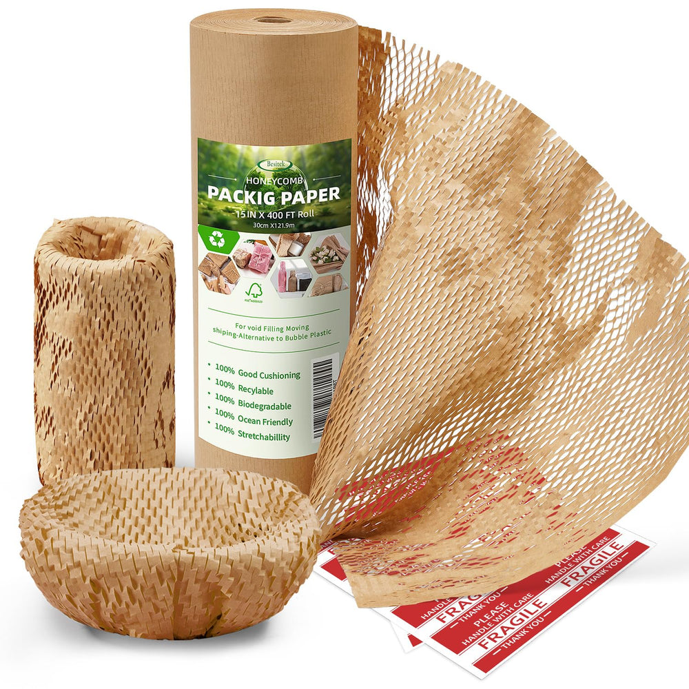 Honeycomb Packing Paper,12 inch x 200 ft Bubble Cushioning Wrap for Packing Moving,Products Gifts Wrapping Paper,Recyclable and Biodegradable Shipping Packing Materials with 20 Fragile Sticker Labels