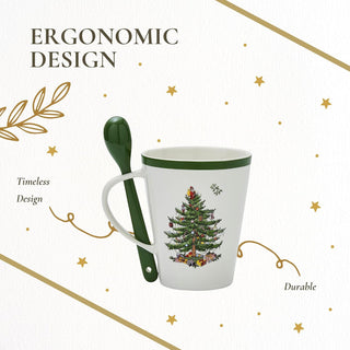 Spode Christmas Tree Mug & Spoon Set, 14 Oz Porcelain Mug for Coffee, Tea, Milk, Hot Cocoa - Festive Gift Box - Dishwasher & Microwave Safe - Holiday Collection Design for Gifting (Christmas Tree)