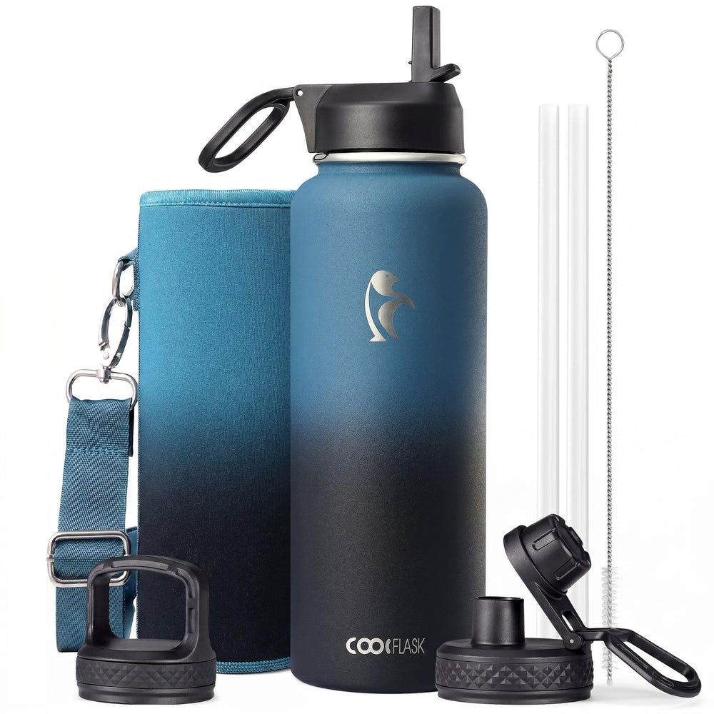 Water Bottle 40 oz Insulated with Straw&Brush, Coolflask Vaccum Stainless Steel Metal 3 Lids Water Flask for Sports, Gym or Office, Keep Cold 48H Hot 24H, Magic Black