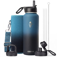 Water Bottle 40 oz Insulated with Straw&Brush, Coolflask Vaccum Stainless Steel Metal 3 Lids Water Flask for Sports, Gym or Office, Keep Cold 48H Hot 24H, Magic Black
