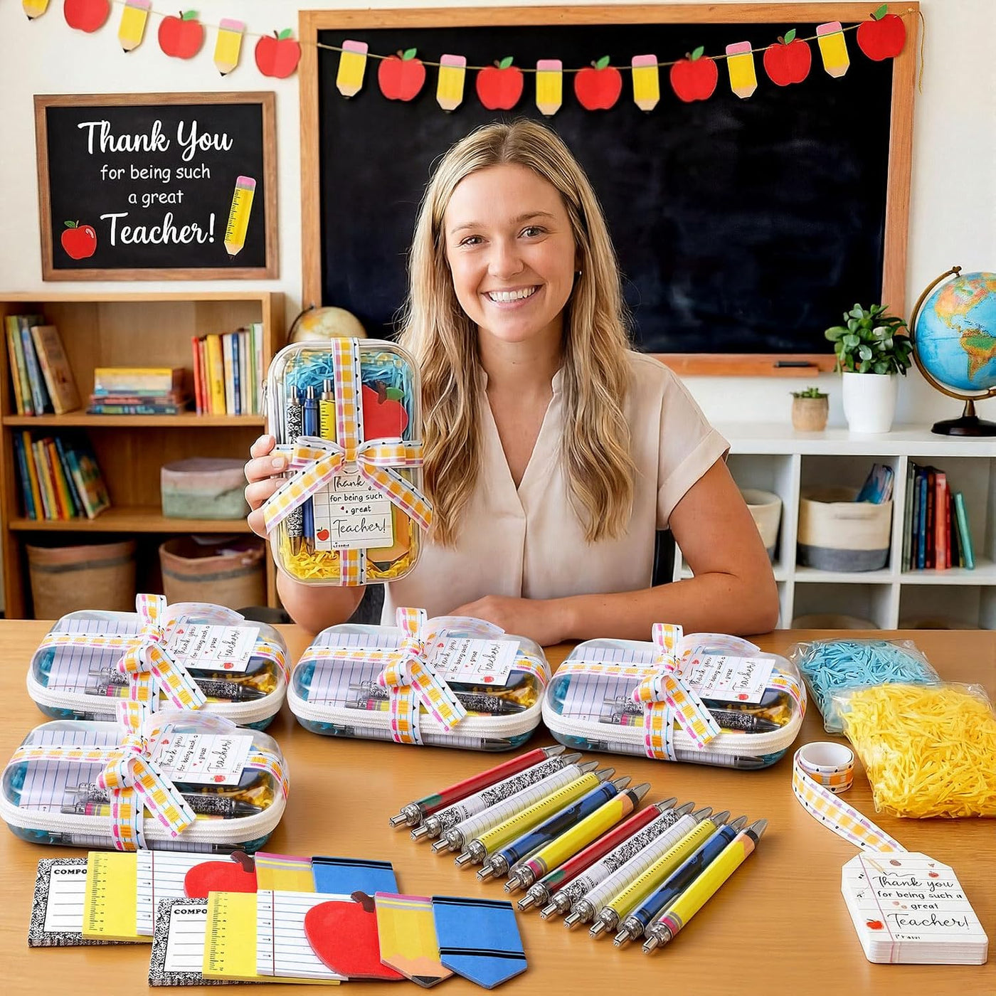Landhoow 6 Sets/75 Pcs Backto School Teacher Gifts Bulk Set Clear Hard Case Zipper Pouch Pastel Ballpoint Pens & Sticky Notes Blue and Yellow Raffia Adorable Printed Pencil Ribbons with Thank You Card