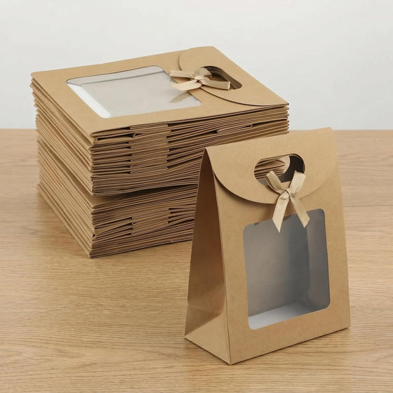 20pcs Elegant Kraft Paper Gift Bags with Clear Window & Sturdy Brown Cardboard Back -Stand Up Design with Rounded Corners & Twine Closure Recyclable Brown Cardboard Boxes for Holiday Party