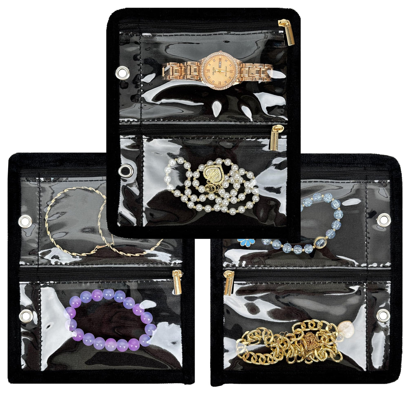 Travel Jewelry Organizer Case,Jewelry Bags for Traveling, Jewelry Binder with 24 Pcs Clear Zipper Velvet Pouches for Storing Earrings, Rings, Necklace, Bracelet, Watch (Beige)