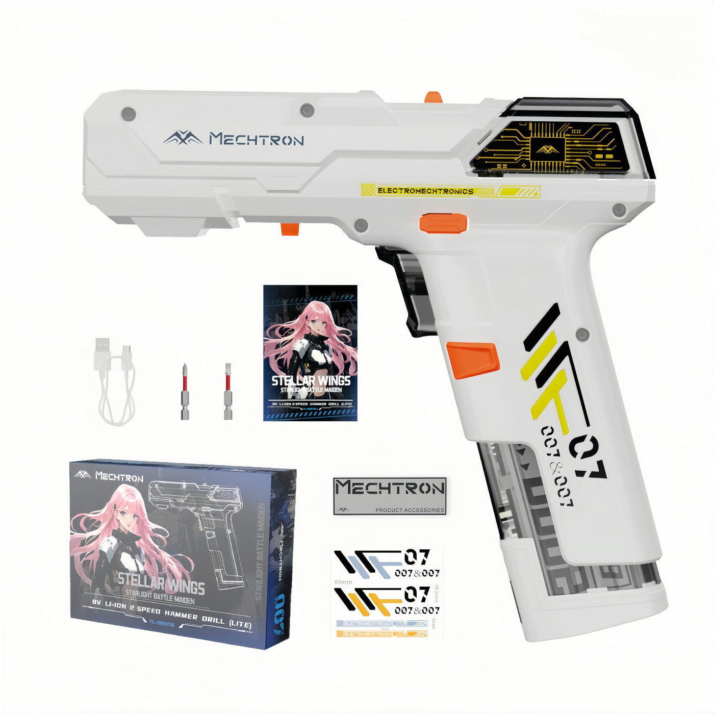 Cyberpunk Gun-Shaped AI Smart 8V Dual-Speed Hammer Drill, Cool Gadget Gifts for Men, Boyfriend, Husband, Dad, Boss, Gamers, Tech Lovers (Silver, 8-Piece Accessory Kit)