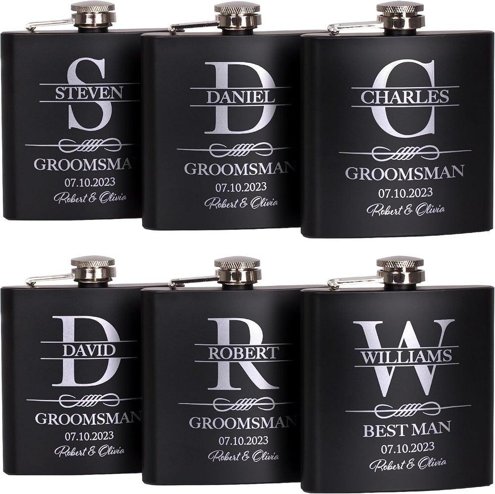 Set of 6, Groomsmen Gifts for Wedding | Personalized Groomsmen Flasks w/Optional Gift Box, Bachelor Party Team, 6 oz. Custom Engraved Hip Flasks for Best Man and Groomsman Proposal #3, Stainless Steel