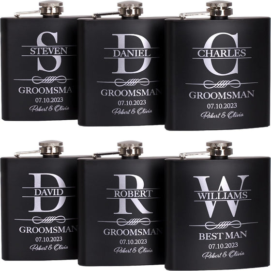 Set of 6, Groomsmen Gifts for Wedding | Personalized Groomsmen Flasks w/Optional Gift Box, Bachelor Party Team, 6 oz. Custom Engraved Hip Flasks for Best Man and Groomsman Proposal #3, Stainless Steel