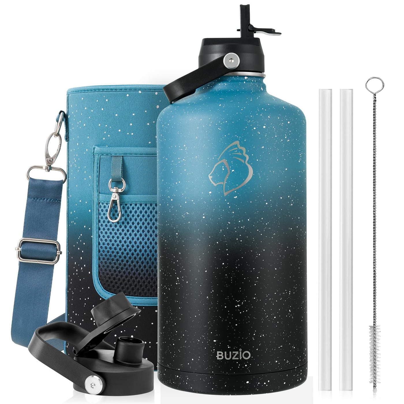 BUZIO 40oz Insulated Water Bottle, Triple Wall Vacuum Stainless Steel Water Flask with 2 lids, Lead-Free BPA-Free Straw Lid Sports Canteen Jug, Cold 48H & Hot 24H- Black