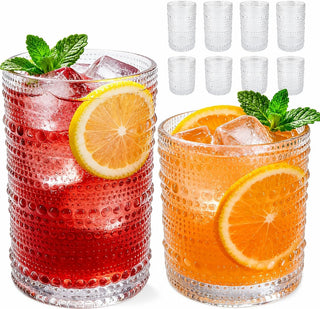 Hobnail Drinking Glasses Set of 8，Includes 12-ounce beer glasses and 10-ounce cocktail glasses.Kitchen Water Glass Cup,Bar Tumbler Glassware Set for Whiskey, Beer, Cocktail, Juice, Milk