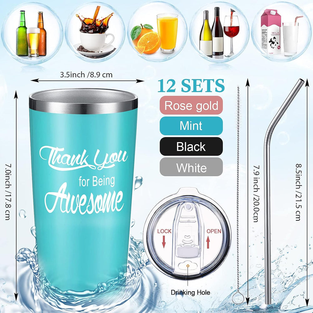 Suclain 12 Sets Thank You Gifts Graduation Appreciation Tumbler 20oz Thank U for Being Awesome Stainless Steel Cup Bulk with Lid Straw for Teacher Friend Classmate (Light Blue,Rose Gold,Black,White)