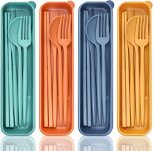 DISSKNIC Reusable Travel Utensils with Case, 4 Sets Wheat Straw Portable Cutlery Set Chopsticks Knives Fork and Spoon for Lunch Box Accessories, Camping Flatware Sets for Daily Use or Outdoor