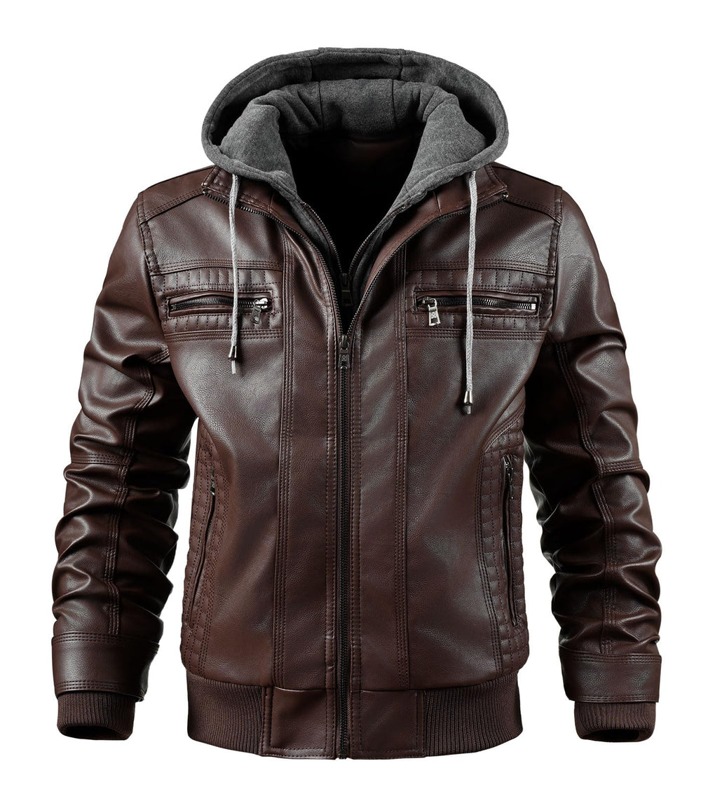 INVACHI Men's Leather Jacket Motorcycle Bomber Jacket Windproof PU Vintage Jacket with Removable Hood