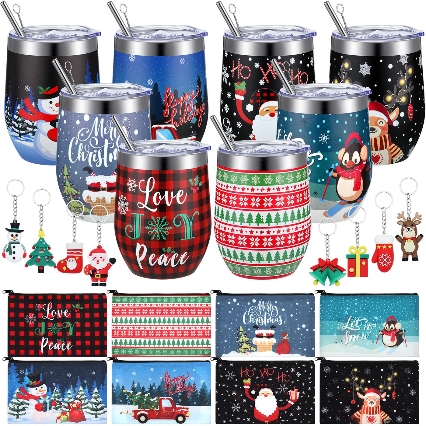 Umigy 24 Pcs Teacher Appreciation Gift Bulk 12 oz End Year of Teacher Black Wine Tumblers Graduation Thank You Gift 8 Rainbow Makeup Bag 8 Apple Shaped Keychain 8 Mug Cups for Women School (Bright)