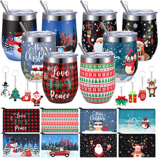 Umigy 24 Pcs Teacher Appreciation Gift Bulk 12 oz End Year of Teacher Black Wine Tumblers Graduation Thank You Gift 8 Rainbow Makeup Bag 8 Apple Shaped Keychain 8 Mug Cups for Women School (Bright)
