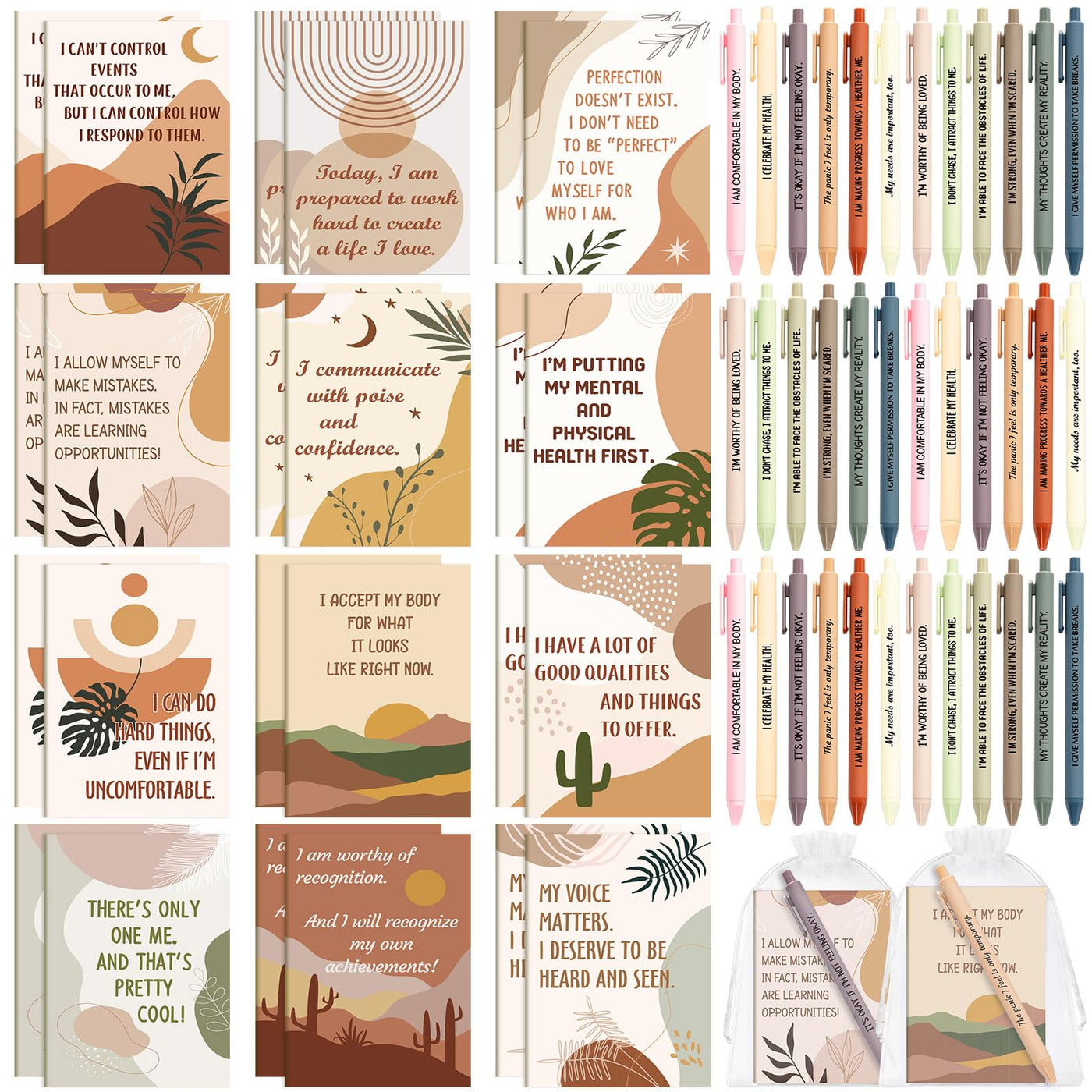 Mooliwe 24 Pcs Positive Affirmation Gift Set Gratitude Notebooks with Pens Small Bags Motivational Encouragement Notepads Daily Affirmations Journal for Women Stress Relief Self Care (Watercolor)