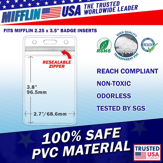 Mifflin-USA Plastic Waterproof ID Badge Holders (Clear, 2.25x3.5 Inch, 100 Pack), Vertical Hanging Name Card Holder with Zipper, Resealable Bulk Nametag Holders - hover image